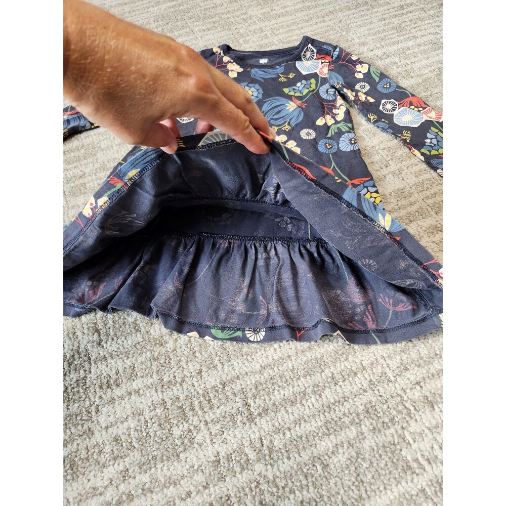 Tea Girls Long Sleeve Floral Print Ruffle Long Sleeve Dress blue size 5 - Picture 6 of 10